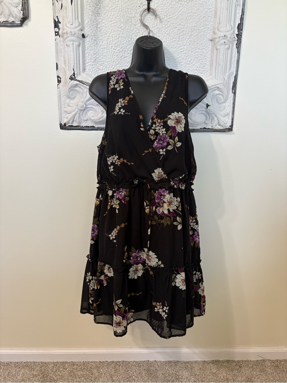 Speechless Black Floral Surplice Mini Dress with Purple & Cream Accents